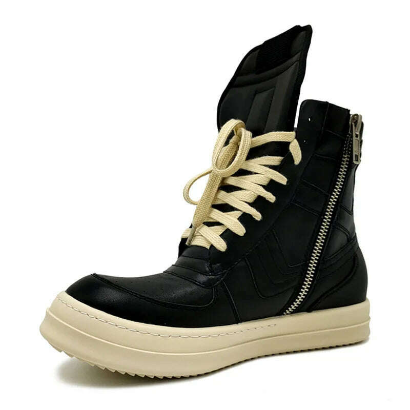 KIMLUD, Women Genuine Leather Motorcycle Boots Popular Street Casual Shoes Man High-top Leather Sneakers Fashion Zippers Running Shoes, black stripe / 35, KIMLUD Womens Clothes