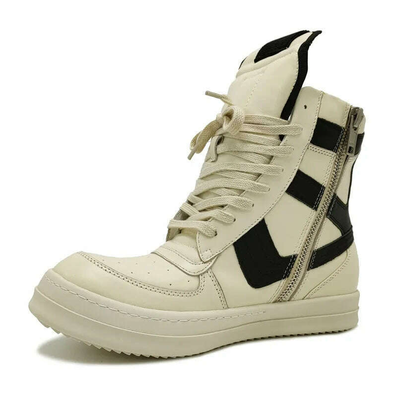 KIMLUD, Women Genuine Leather Motorcycle Boots Popular Street Casual Shoes Man High-top Leather Sneakers Fashion Zippers Running Shoes, white stripe / 36, KIMLUD Women's Clothes