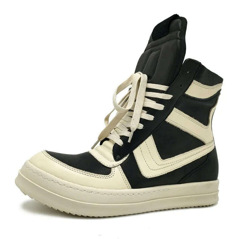 KIMLUD, Women Genuine Leather Motorcycle Boots Popular Street Casual Shoes Man High-top Leather Sneakers Fashion Zippers Running Shoes, white black stripe / 36, KIMLUD APPAREL - Womens Clothes