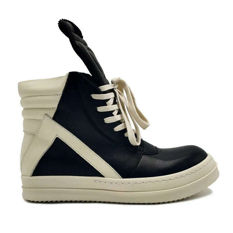 KIMLUD, Women Genuine Leather Motorcycle Boots Popular Street Casual Shoes Man High-top Leather Sneakers Fashion Zippers Running Shoes, black with white / 36, KIMLUD APPAREL - Womens Clothes