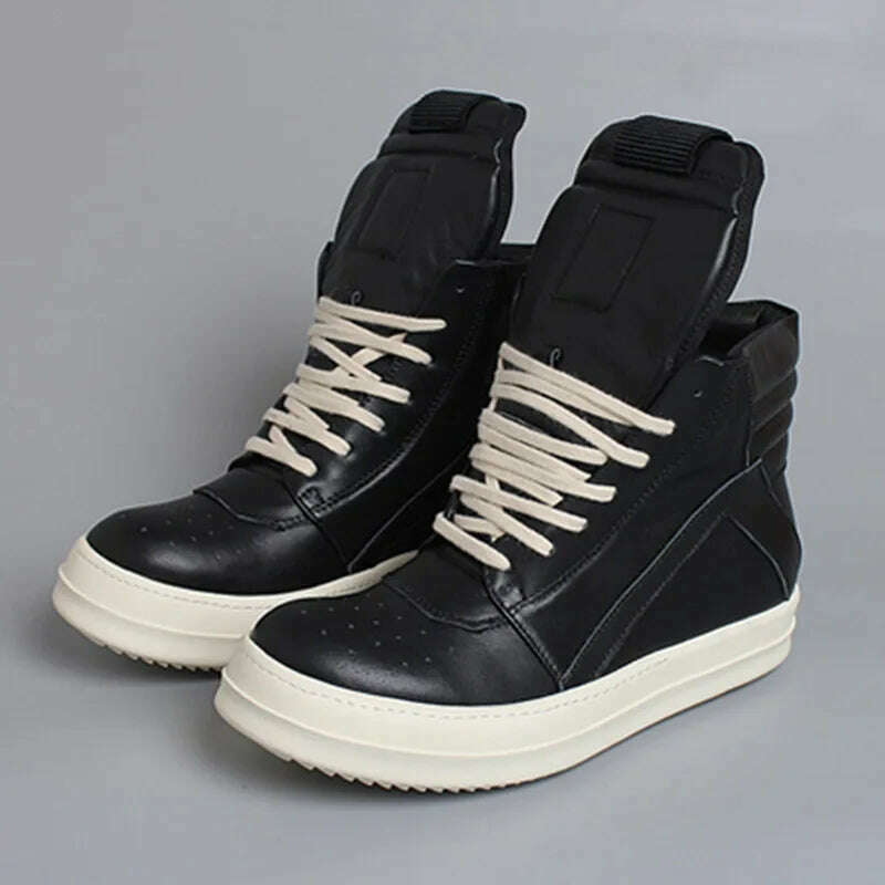 KIMLUD, Women Genuine Leather Motorcycle Boots Popular Street Casual Shoes Man High-top Leather Sneakers Fashion Zippers Running Shoes, Black white sole / 36, KIMLUD APPAREL - Womens Clothes