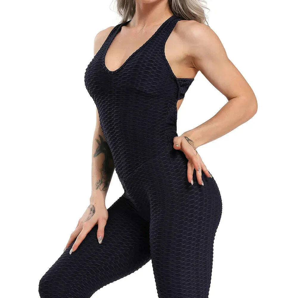 KIMLUD, Women Halter Yoga Set Black Activewear Sexy Bandage Sleeveless Jumpsuit Skinny Rompers Solid Elastic Bodycon Fitness Sport Suits, KIMLUD Womens Clothes