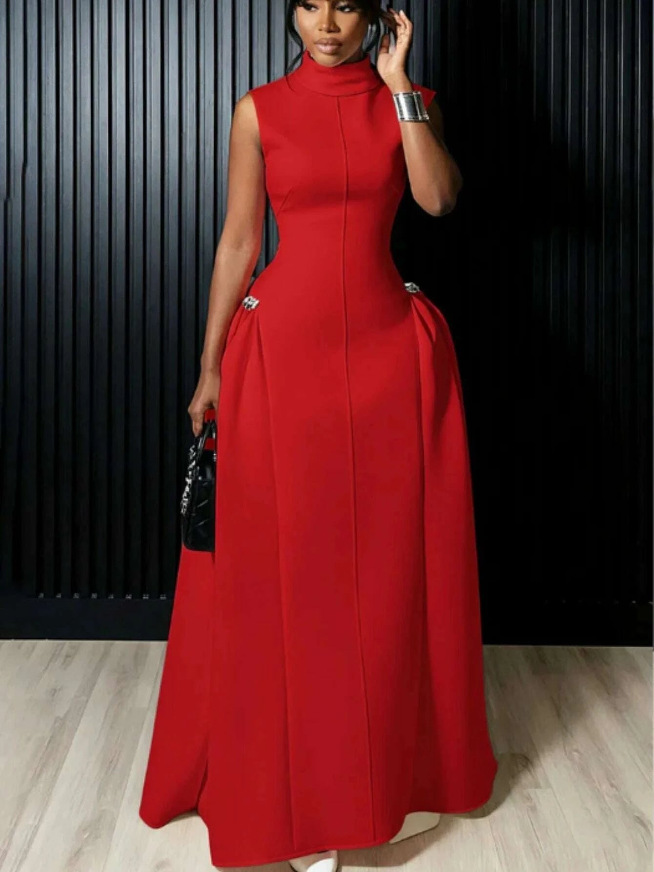 Women High Neck Sleeveless Fitted Floor Length Maxi Dress With Side Flared Detail For Formal Gala Wedding And Evening Party Occasion