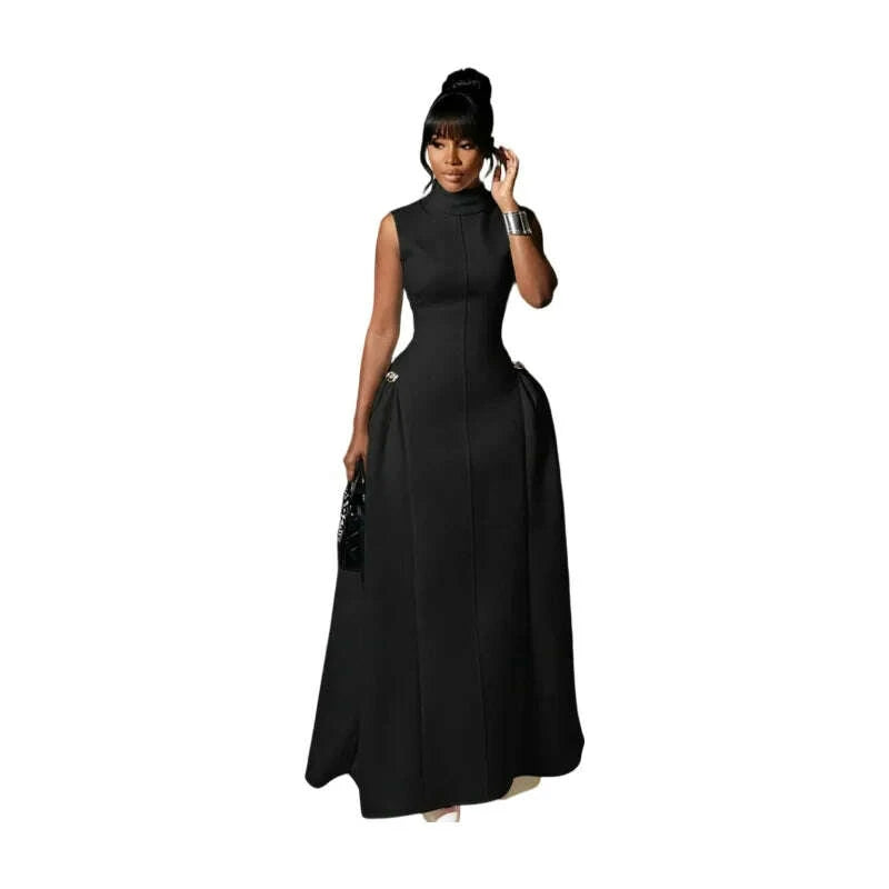 Women High Neck Sleeveless Fitted Floor Length Maxi Dress With Side Flared Detail For Formal Gala Wedding And Evening Party Occasion