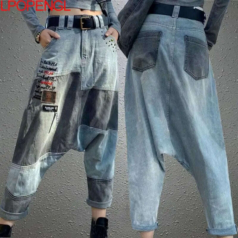 KIMLUD, Women High Waist Chic Nine Points Embroidery Jeans Hip Hop Street Cross-pants Full Length Clothing Boyfriend Washed Pants 2022, KIMLUD Womens Clothes