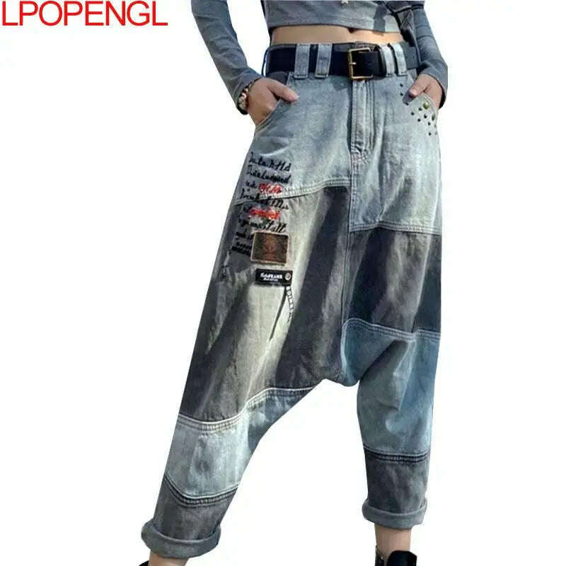 KIMLUD, Women High Waist Chic Nine Points Embroidery Jeans Hip Hop Street Cross-pants Full Length Clothing Boyfriend Washed Pants 2022, KIMLUD Womens Clothes