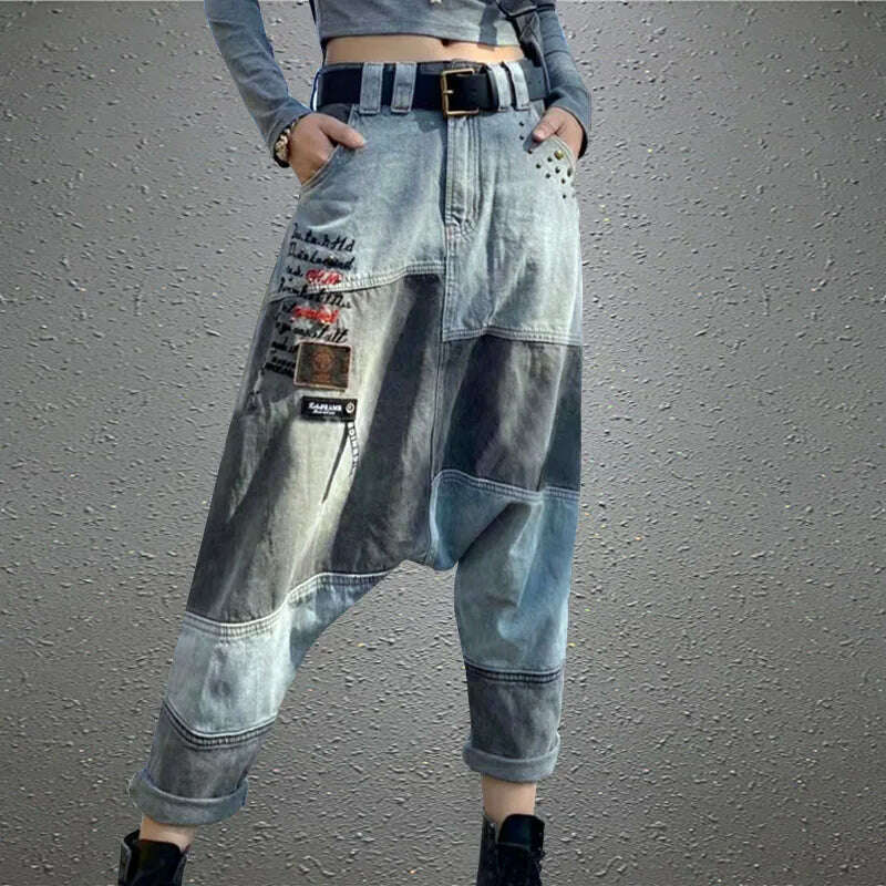 KIMLUD, Women High Waist Chic Nine Points Embroidery Jeans Hip Hop Street Cross-pants Full Length Clothing Boyfriend Washed Pants 2022, KIMLUD Womens Clothes