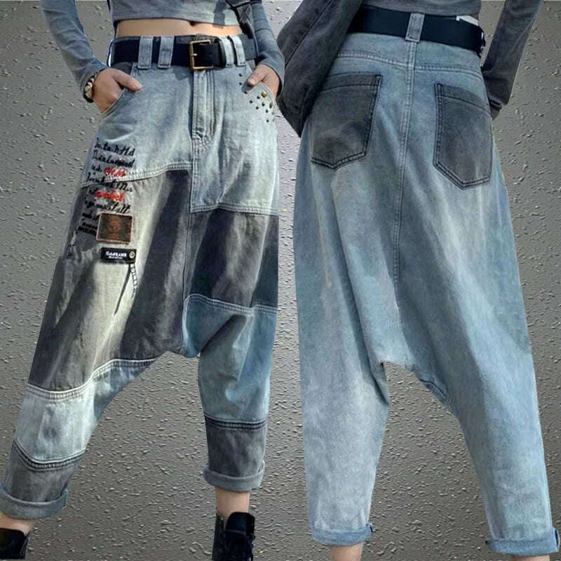KIMLUD, Women High Waist Chic Nine Points Embroidery Jeans Hip Hop Street Cross-pants Full Length Clothing Boyfriend Washed Pants 2022, KIMLUD Womens Clothes