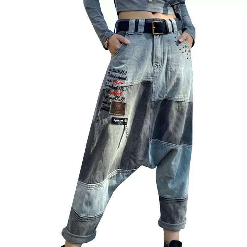 KIMLUD, Women High Waist Chic Nine Points Embroidery Jeans Hip Hop Street Cross-pants Full Length Clothing Boyfriend Washed Pants 2022, KIMLUD Womens Clothes