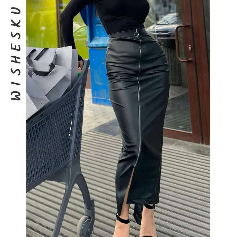 KIMLUD, Women High Waist Zipper Pencil Maxi Skirt Faux Leather PU Slit Long Skirt 2023 Spring Fall Fairy Birthday Y2K Clothes, KIMLUD Women's Clothes