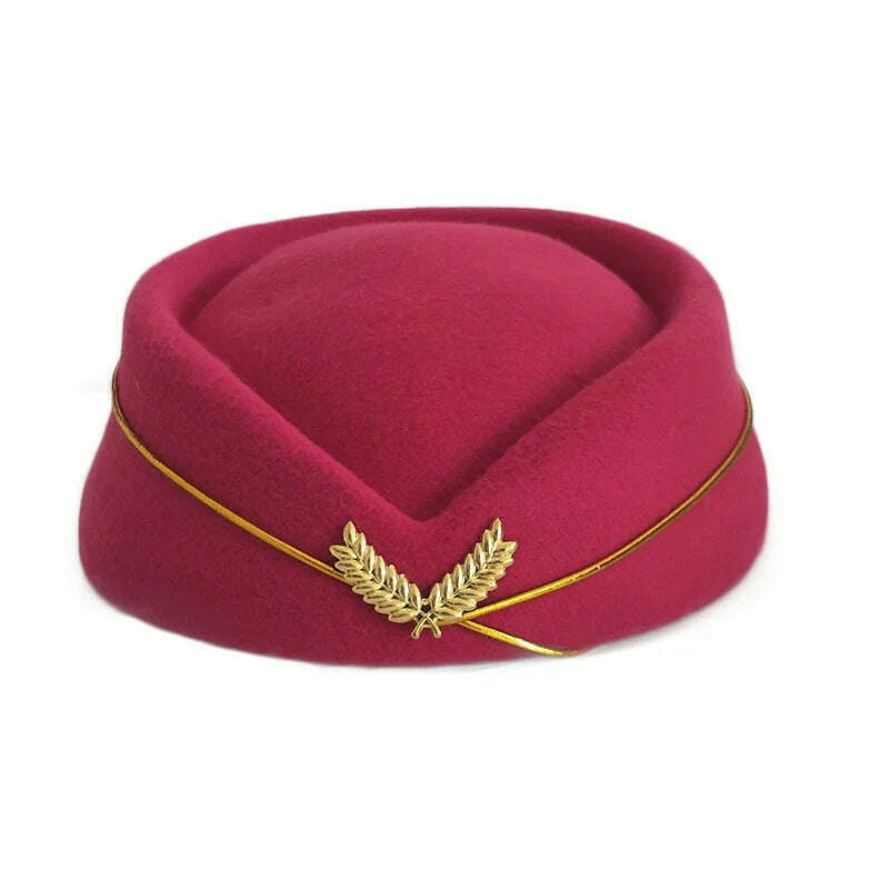 KIMLUD, Women Imitation Felt Cap Ladies Pillbox Hats with Gold insignia Solid Beret Stewardess Air Hostesses Hat Base Sweet Fedoras, KIMLUD Womens ClothesKIMLUD, Women Imitation Felt Cap Ladies Pillbox Hats with Gold insignia Solid Beret Stewardess Air Hostesses Hat Base Sweet Fedoras, Dark Hot pink / 56-58cm, KIMLUD APPAREL - Womens Clothes
