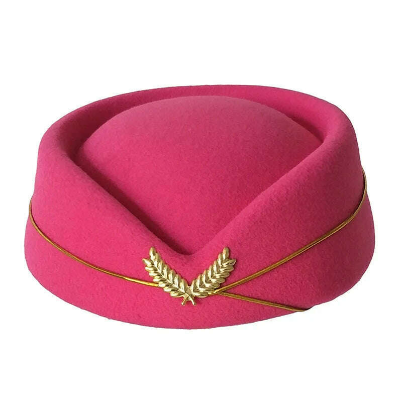KIMLUD, Women Imitation Felt Cap Ladies Pillbox Hats with Gold insignia Solid Beret Stewardess Air Hostesses Hat Base Sweet Fedoras, KIMLUD Womens ClothesKIMLUD, Women Imitation Felt Cap Ladies Pillbox Hats with Gold insignia Solid Beret Stewardess Air Hostesses Hat Base Sweet Fedoras, Hot pink / 56-58cm, KIMLUD APPAREL - Womens Clothes