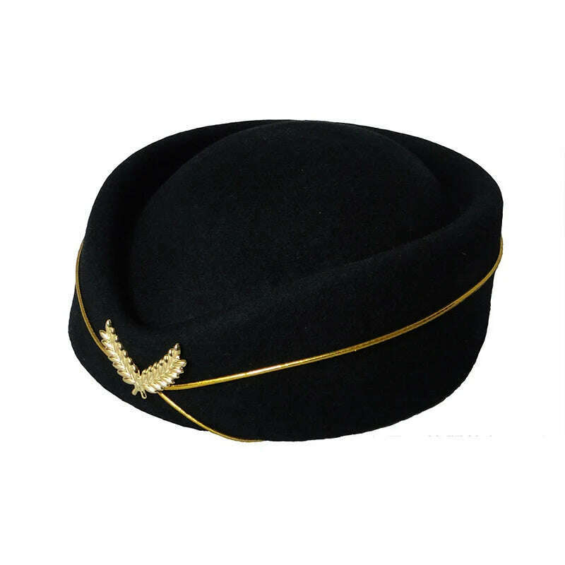KIMLUD, Women Imitation Felt Cap Ladies Pillbox Hats with Gold insignia Solid Beret Stewardess Air Hostesses Hat Base Sweet Fedoras, KIMLUD Womens ClothesKIMLUD, Women Imitation Felt Cap Ladies Pillbox Hats with Gold insignia Solid Beret Stewardess Air Hostesses Hat Base Sweet Fedoras, Black / 56-58cm, KIMLUD APPAREL - Womens Clothes