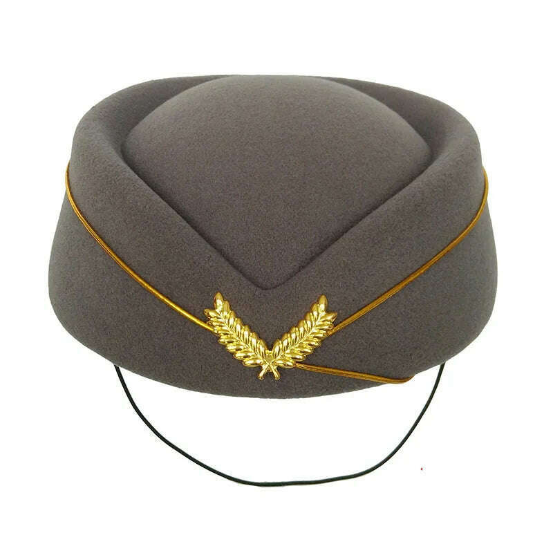 KIMLUD, Women Imitation Felt Cap Ladies Pillbox Hats with Gold insignia Solid Beret Stewardess Air Hostesses Hat Base Sweet Fedoras, KIMLUD Womens ClothesKIMLUD, Women Imitation Felt Cap Ladies Pillbox Hats with Gold insignia Solid Beret Stewardess Air Hostesses Hat Base Sweet Fedoras, Gray / 56-58cm, KIMLUD APPAREL - Womens Clothes