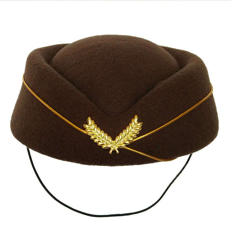 KIMLUD, Women Imitation Felt Cap Ladies Pillbox Hats with Gold insignia Solid Beret Stewardess Air Hostesses Hat Base Sweet Fedoras, KIMLUD Womens ClothesKIMLUD, Women Imitation Felt Cap Ladies Pillbox Hats with Gold insignia Solid Beret Stewardess Air Hostesses Hat Base Sweet Fedoras, Coffee / 56-58cm, KIMLUD APPAREL - Womens Clothes