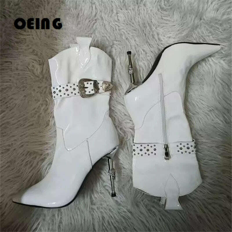 KIMLUD, Women Iron Heels Cowboy Ankle Boots Sexy Pointed Toe Studded Strap Autumn Winter Boots Embossed Metal Buckle Design Short Boots, Type3 / 35, KIMLUD APPAREL - Womens Clothes