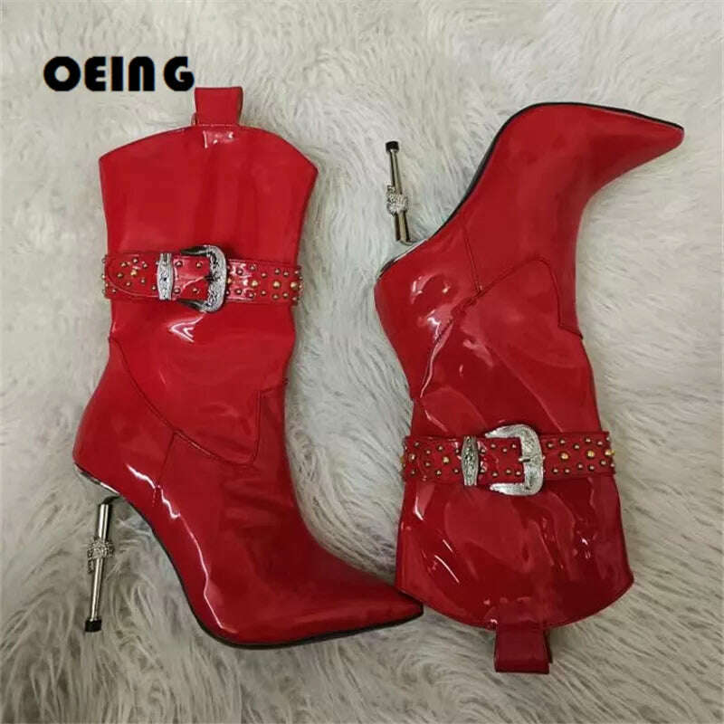 KIMLUD, Women Iron Heels Cowboy Ankle Boots Sexy Pointed Toe Studded Strap Autumn Winter Boots Embossed Metal Buckle Design Short Boots, Type2 / 35, KIMLUD APPAREL - Womens Clothes