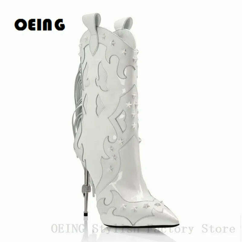 KIMLUD, Women Iron Heels Cowboy Ankle Boots Sexy Pointed Toe Studded Strap Autumn Winter Boots Embossed Metal Buckle Design Short Boots, KIMLUD Womens Clothes