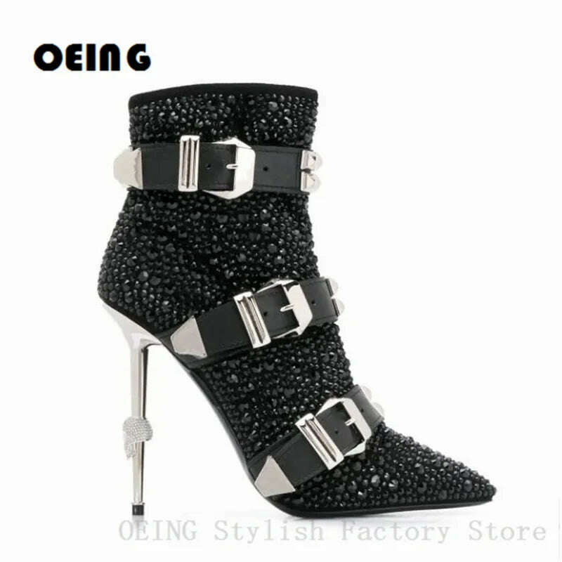 KIMLUD, Women Iron Heels Cowboy Ankle Boots Sexy Pointed Toe Studded Strap Autumn Winter Boots Embossed Metal Buckle Design Short Boots, KIMLUD Womens Clothes