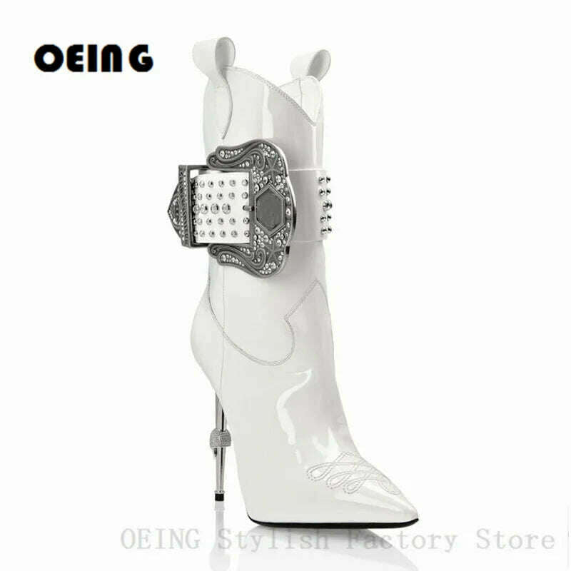 KIMLUD, Women Iron Heels Cowboy Ankle Boots Sexy Pointed Toe Studded Strap Autumn Winter Boots Embossed Metal Buckle Design Short Boots, KIMLUD Womens Clothes