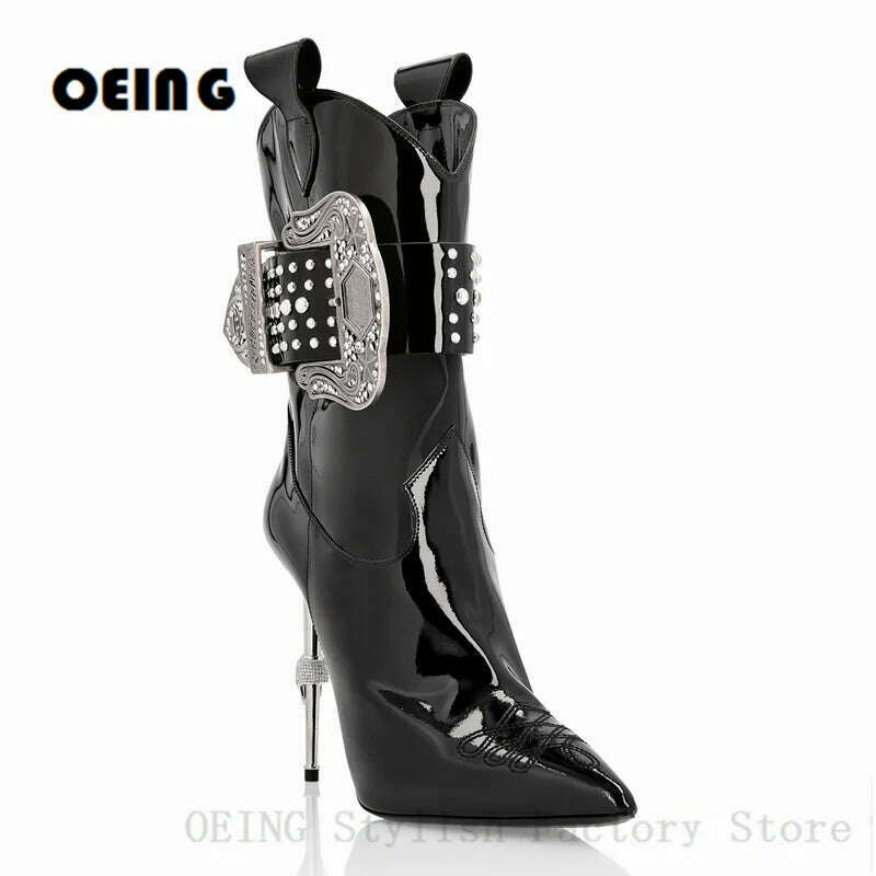 KIMLUD, Women Iron Heels Cowboy Ankle Boots Sexy Pointed Toe Studded Strap Autumn Winter Boots Embossed Metal Buckle Design Short Boots, KIMLUD Womens Clothes