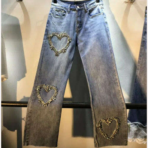 KIMLUD, Women Jeans 2023 Spring and Autumn New Exquisite Rhinestone Beaded Love Pattern High Waist Stretch Cropped Jeans Female, Blue / 27, KIMLUD APPAREL - Womens Clothes