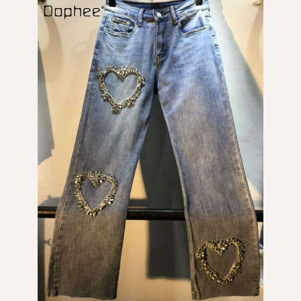 KIMLUD, Women Jeans 2023 Spring and Autumn New Exquisite Rhinestone Beaded Love Pattern High Waist Stretch Cropped Jeans Female, KIMLUD Womens Clothes