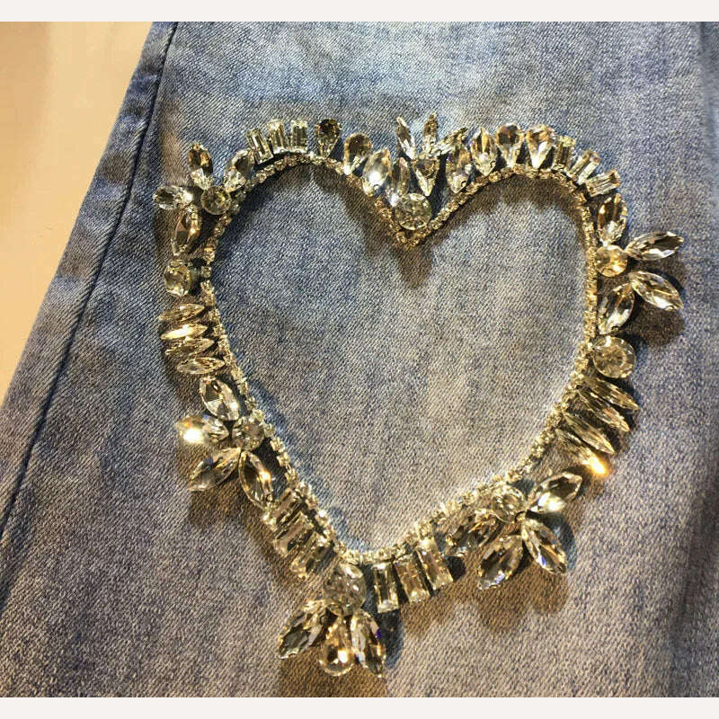 KIMLUD, Women Jeans 2023 Spring and Autumn New Exquisite Rhinestone Beaded Love Pattern High Waist Stretch Cropped Jeans Female, KIMLUD Womens Clothes