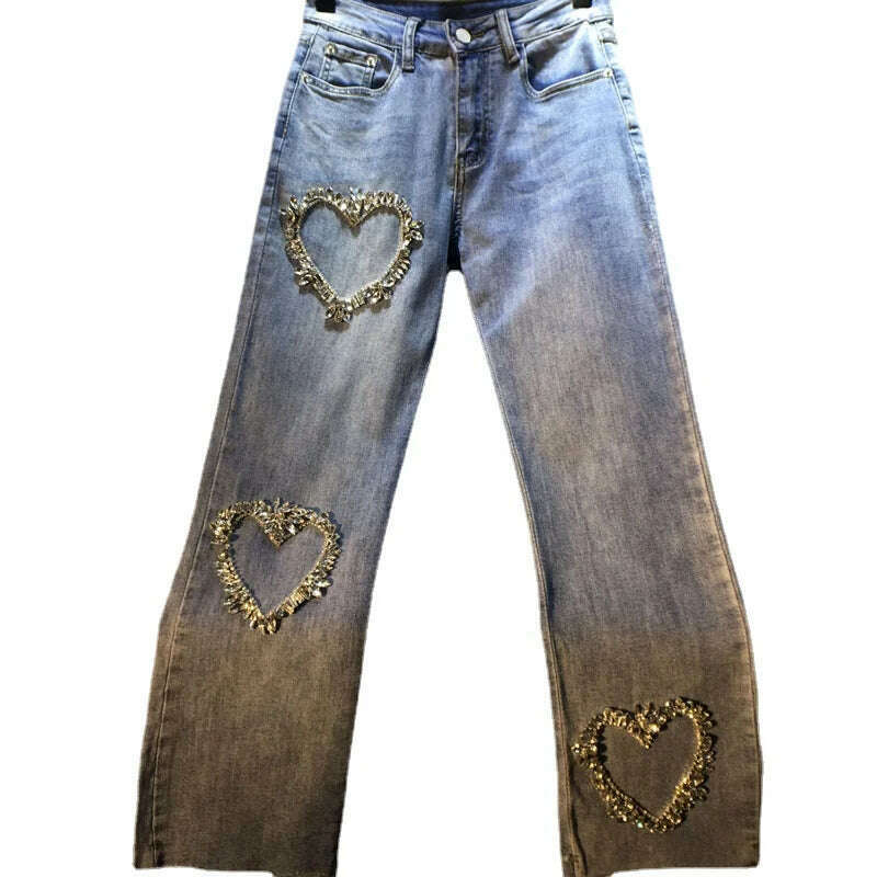 KIMLUD, Women Jeans 2023 Spring and Autumn New Exquisite Rhinestone Beaded Love Pattern High Waist Stretch Cropped Jeans Female, KIMLUD Womens Clothes