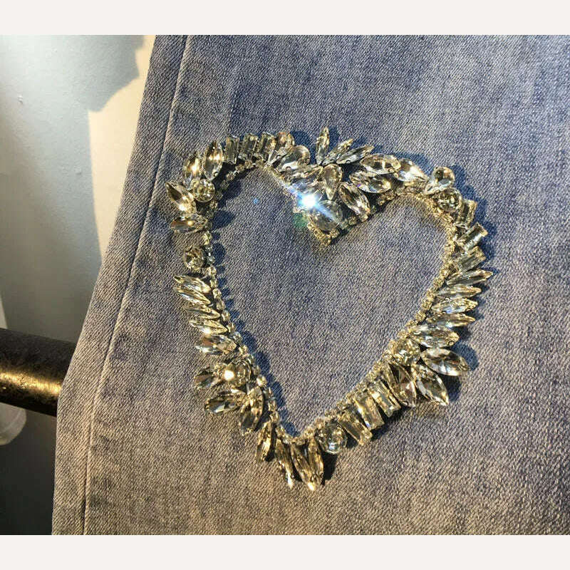 KIMLUD, Women Jeans 2023 Spring and Autumn New Exquisite Rhinestone Beaded Love Pattern High Waist Stretch Cropped Jeans Female, KIMLUD Womens Clothes