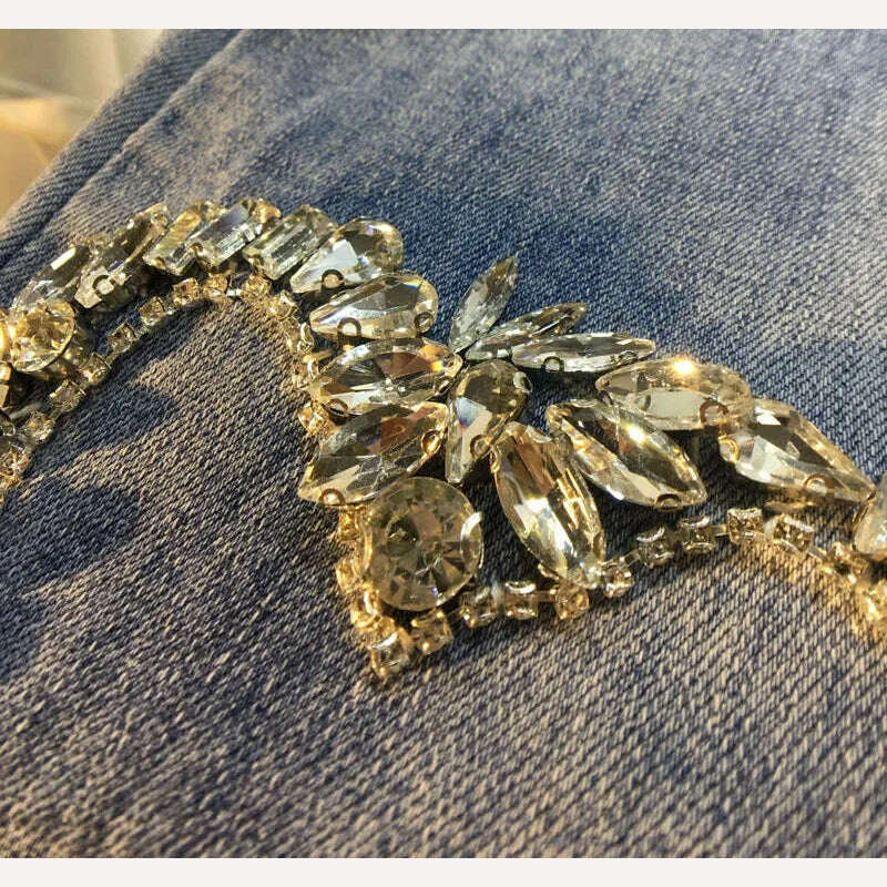 KIMLUD, Women Jeans 2023 Spring and Autumn New Exquisite Rhinestone Beaded Love Pattern High Waist Stretch Cropped Jeans Female, KIMLUD Womens Clothes