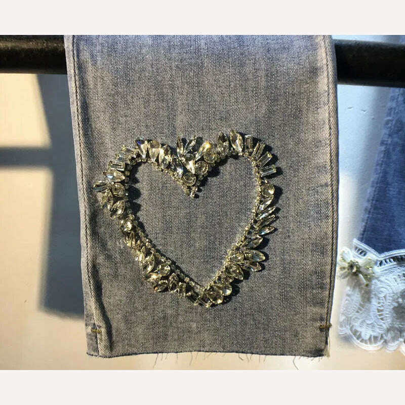 KIMLUD, Women Jeans 2023 Spring and Autumn New Exquisite Rhinestone Beaded Love Pattern High Waist Stretch Cropped Jeans Female, KIMLUD Womens Clothes