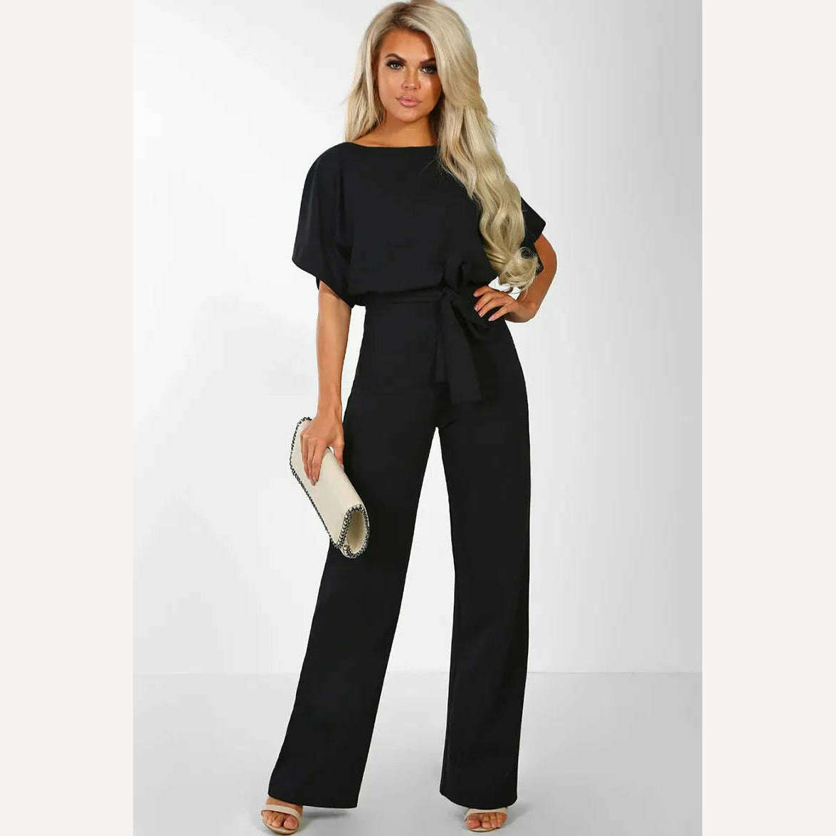 Women Jumpsuit Elegant Short Sleeve Hollowed Waist Tie Solid Summer Wide Leg Pants Bodysuit Overalls Wide Leg Cropped Pants - KIMLUD