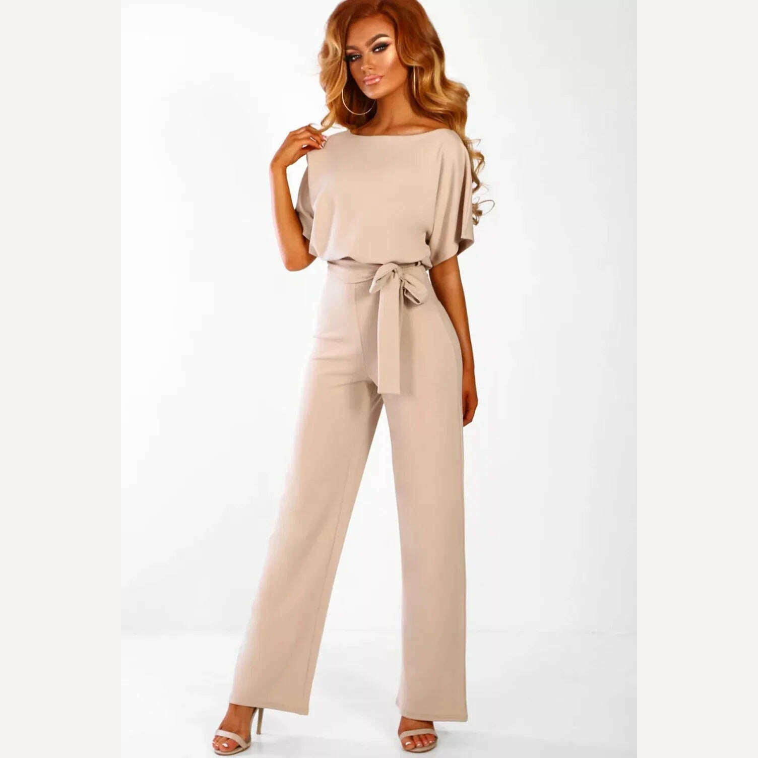 Women Jumpsuit Elegant Short Sleeve Hollowed Waist Tie Solid Summer Wide Leg Pants Bodysuit Overalls Wide Leg Cropped Pants - KIMLUD