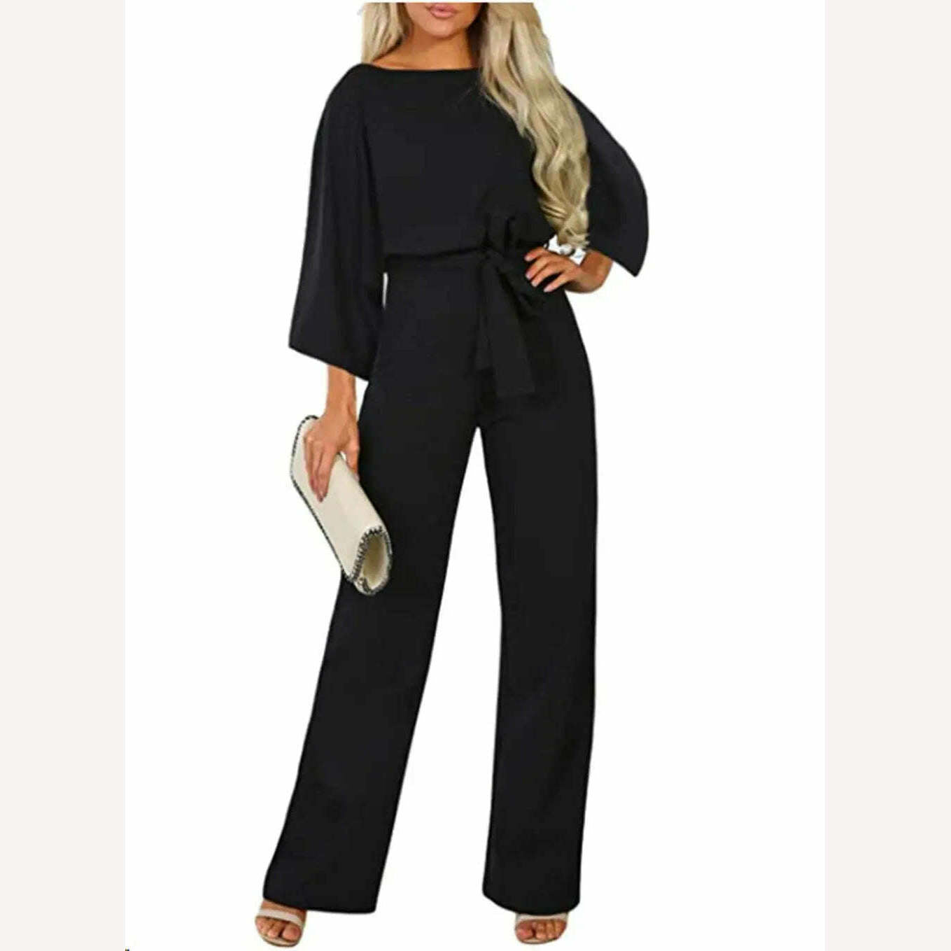 KIMLUD, Women Jumpsuit Elegant Short Sleeve Hollowed Waist Tie Solid Summer Wide Leg Pants Bodysuit Overalls Wide Leg Cropped Pants, KIMLUD Womens Clothes