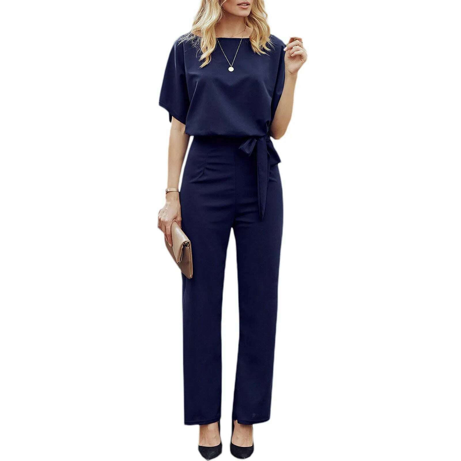 KIMLUD, Women Jumpsuit Elegant Short Sleeve Hollowed Waist Tie Solid Summer Wide Leg Pants Bodysuit Overalls Wide Leg Cropped Pants, DEEP BLUE / S, KIMLUD Womens Clothes