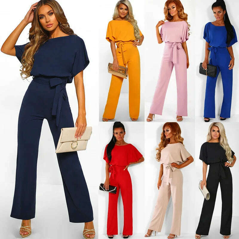 Women Jumpsuit Elegant Short Sleeve Hollowed Waist Tie Solid Summer Wide Leg Pants Bodysuit Overalls Wide Leg Cropped Pants - KIMLUD