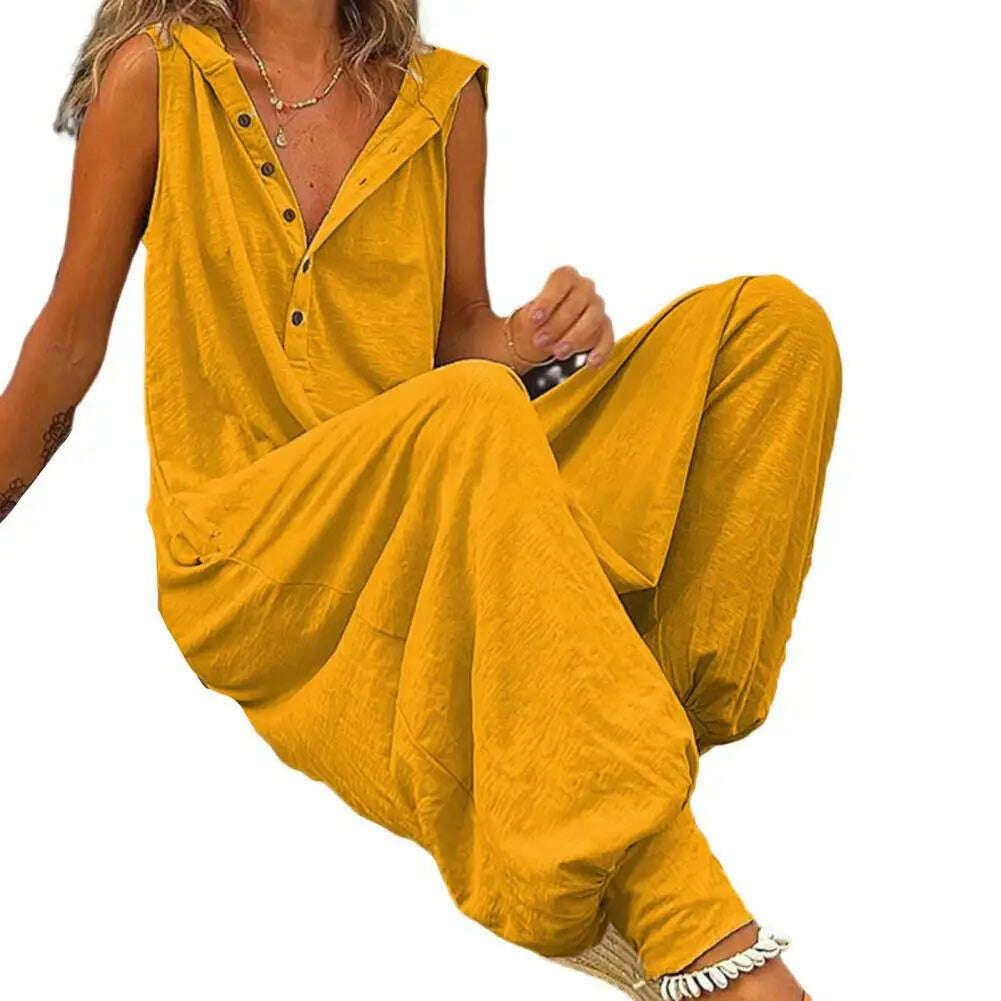 Women Jumpsuit Sleeveless Button Closure Hooded Playsuit Solid Color Loose Summer Jumpsuit Cotton Blend Lady Hooded Jumpsuit - KIMLUD