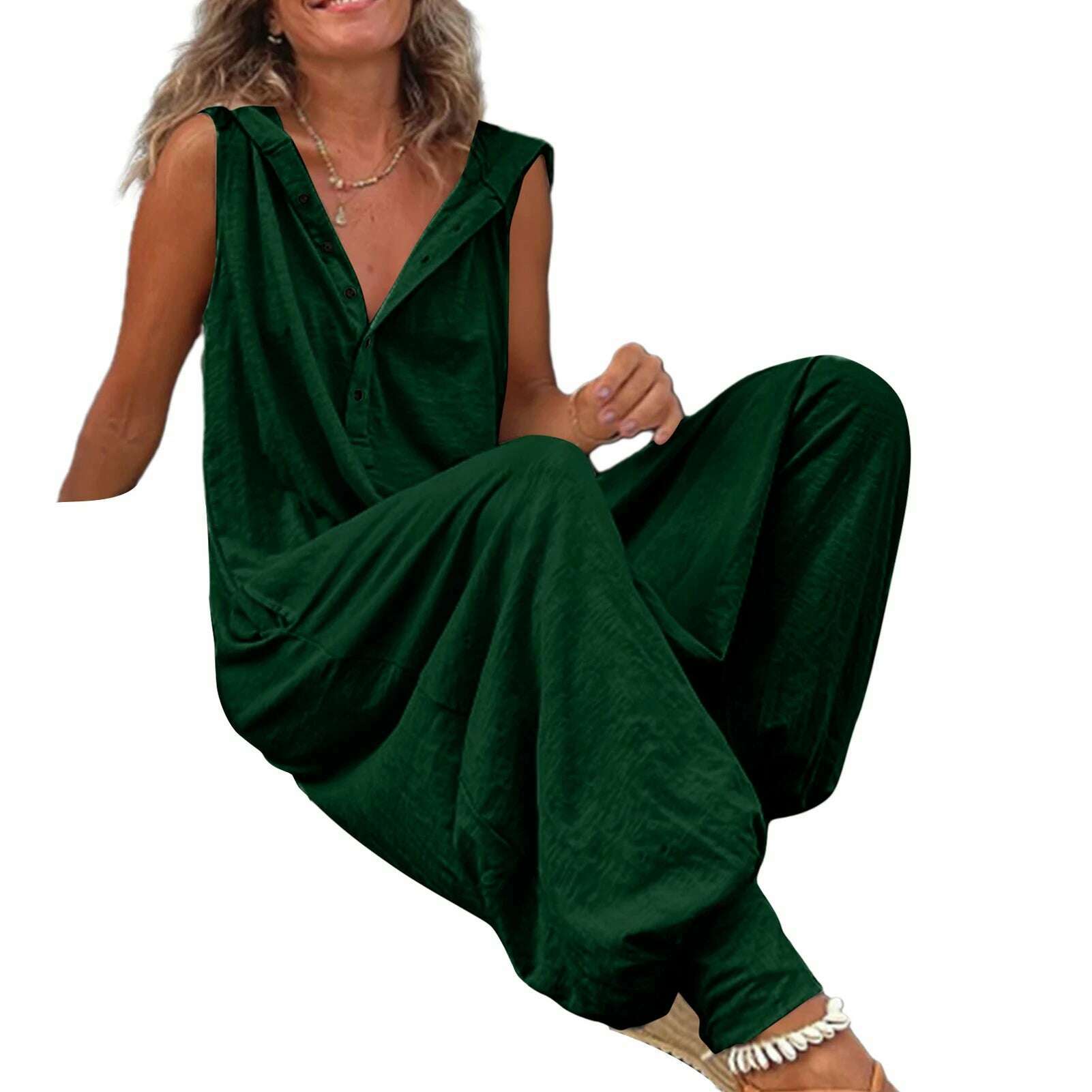 Women Jumpsuit Sleeveless Button Closure Hooded Playsuit Solid Color Loose Summer Jumpsuit Cotton Blend Lady Hooded Jumpsuit - KIMLUD