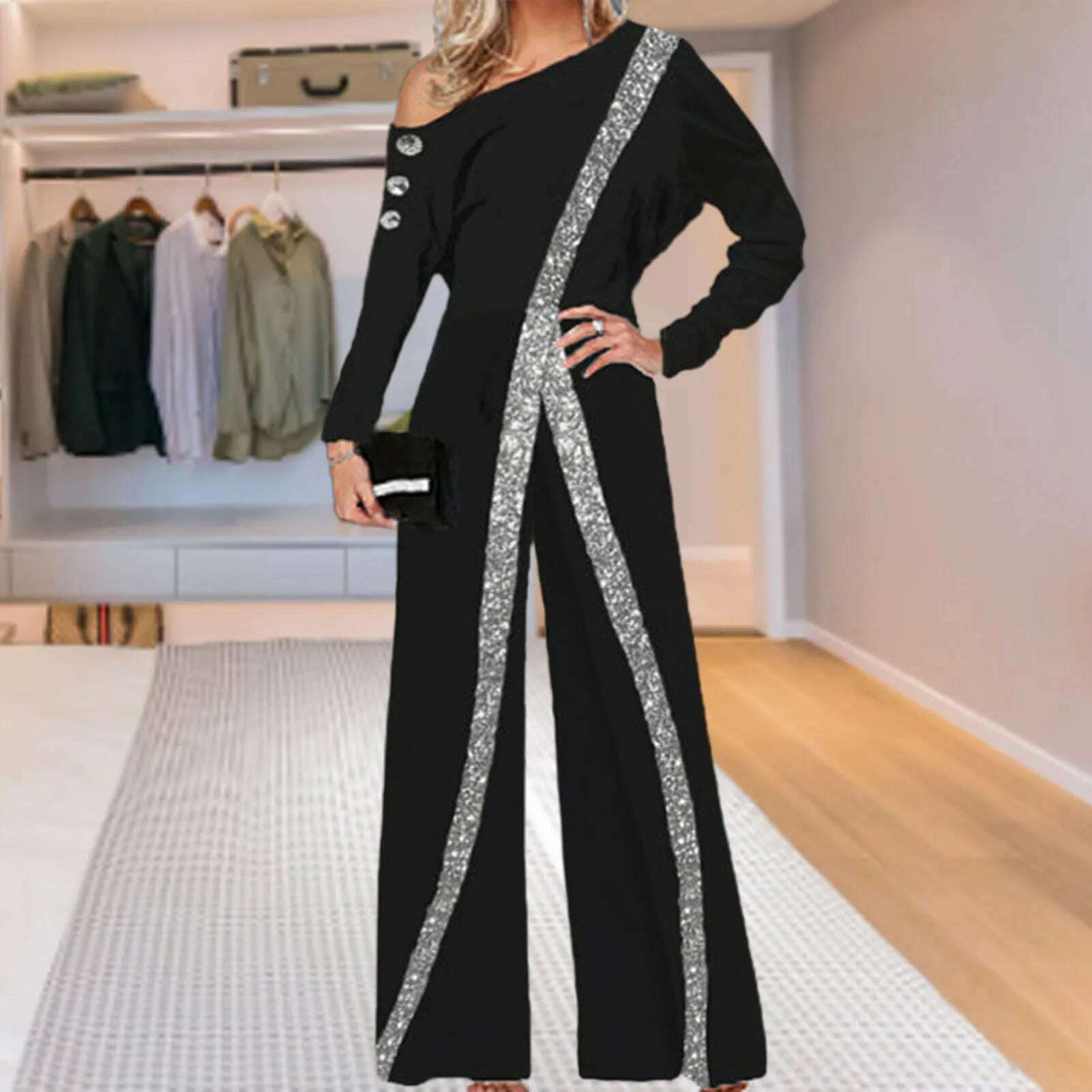 Women Jumpsuit Striped Glitter Sequin Party Jumpsuit Elegant Strapless Romper Lady Spring Autumn Wide Leg Pants боди женское - KIMLUD