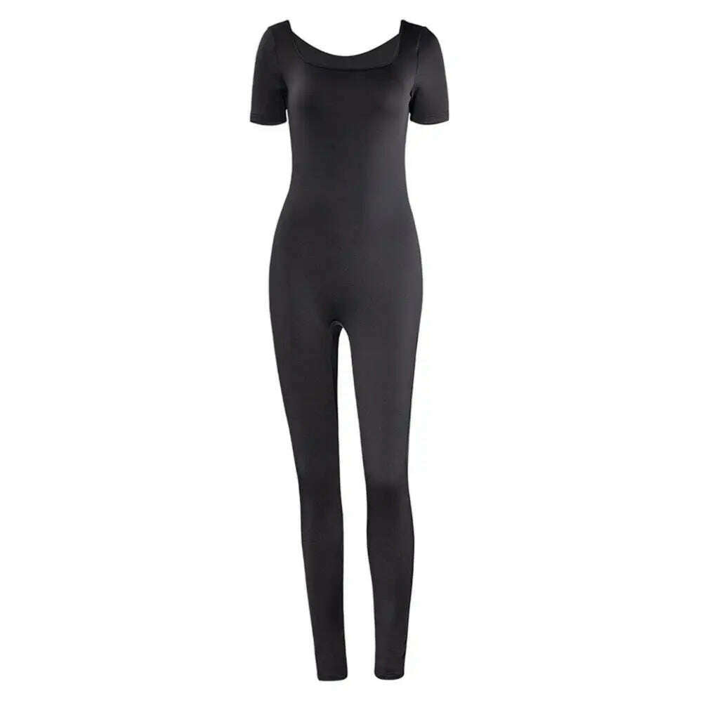KIMLUD, Women Jumpsuit Stylish Women's Summer Sports Jumpsuit with Short Sleeves U Neck Design Butt-lifted Feature for Gym Jogging, Black / 2XL / China, KIMLUD APPAREL - Womens Clothes