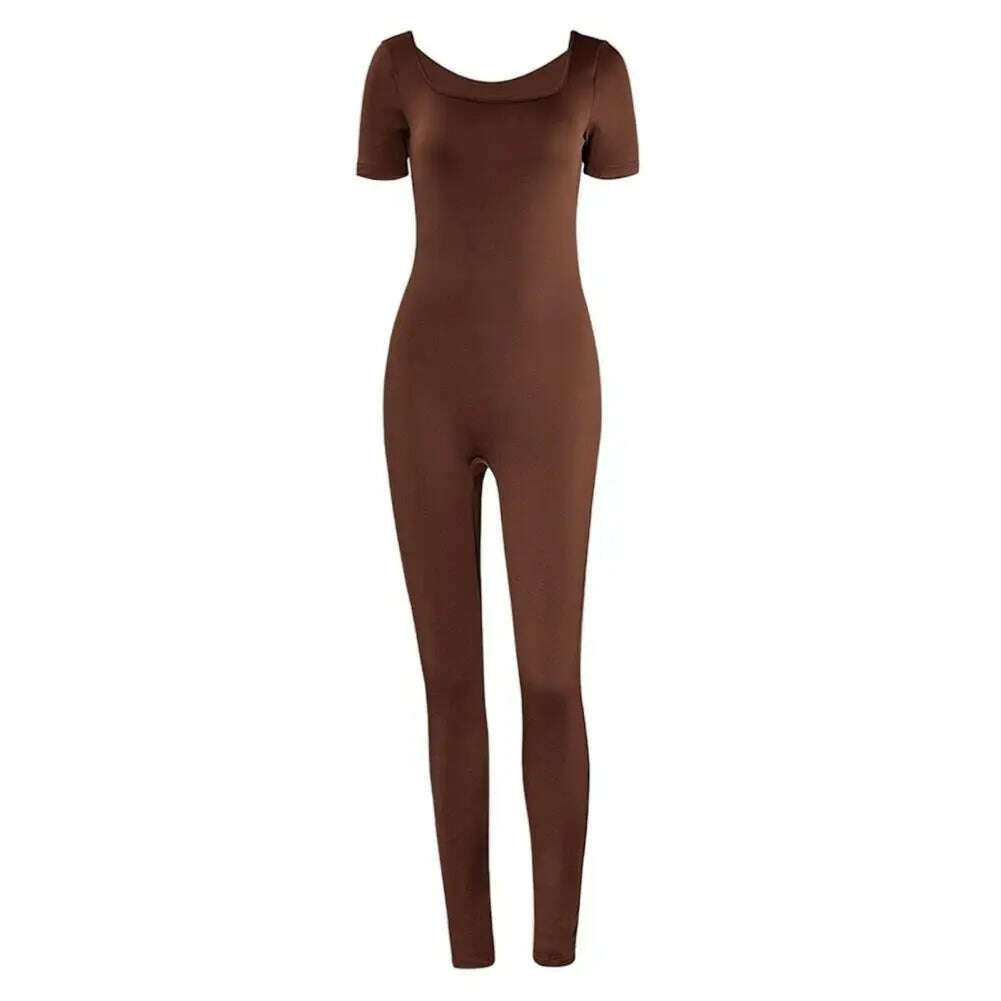 KIMLUD, Women Jumpsuit Stylish Women's Summer Sports Jumpsuit with Short Sleeves U Neck Design Butt-lifted Feature for Gym Jogging, Coffee / XL / China, KIMLUD APPAREL - Womens Clothes