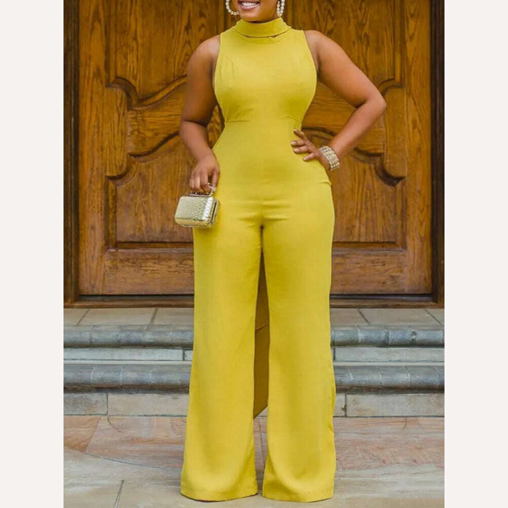KIMLUD, Women Jumpsuits Sleeveless Summer One-piece Yellow Cut Out Long Backless Slim Fit Wide Leg Overalls Elegant Party Outfits 3XL, KIMLUD Womens Clothes