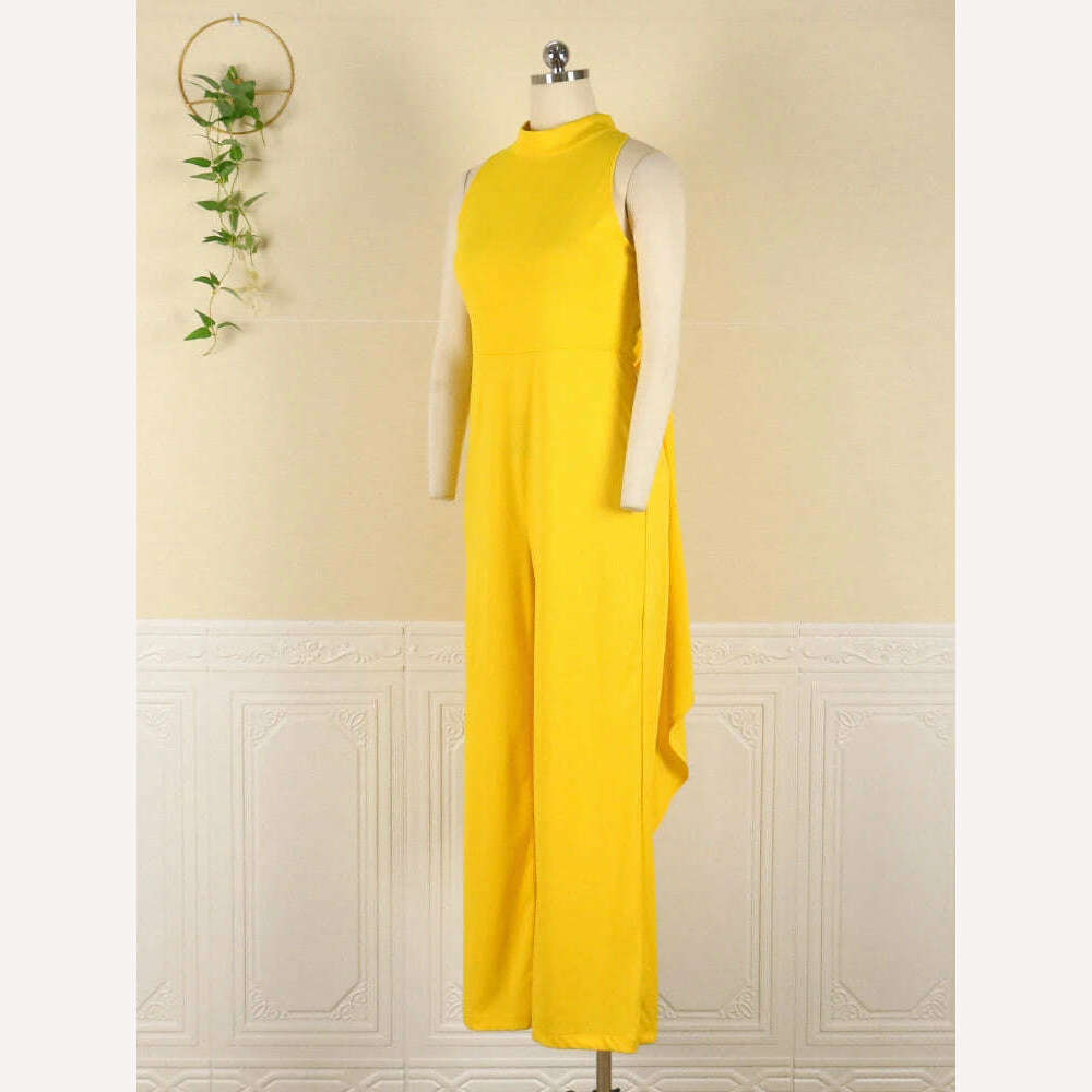 KIMLUD, Women Jumpsuits Sleeveless Summer One-piece Yellow Cut Out Long Backless Slim Fit Wide Leg Overalls Elegant Party Outfits 3XL, KIMLUD Womens Clothes