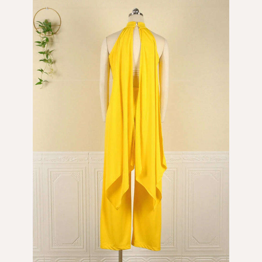 KIMLUD, Women Jumpsuits Sleeveless Summer One-piece Yellow Cut Out Long Backless Slim Fit Wide Leg Overalls Elegant Party Outfits 3XL, KIMLUD Womens Clothes