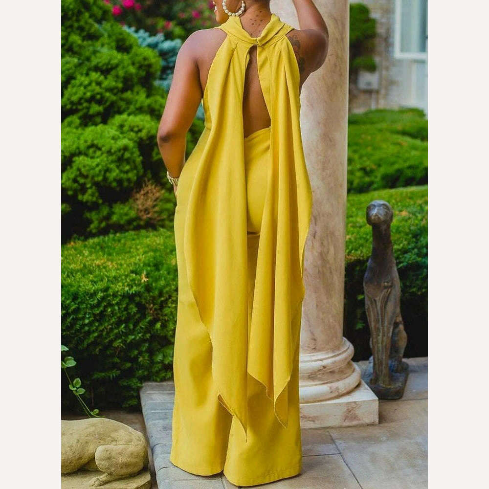 KIMLUD, Women Jumpsuits Sleeveless Summer One-piece Yellow Cut Out Long Backless Slim Fit Wide Leg Overalls Elegant Party Outfits 3XL, KIMLUD Womens Clothes