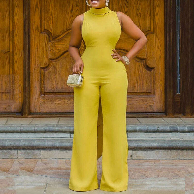 KIMLUD, Women Jumpsuits Sleeveless Summer One-piece Yellow Cut Out Long Backless Slim Fit Wide Leg Overalls Elegant Party Outfits 3XL, Yellow / S, KIMLUD APPAREL - Womens Clothes