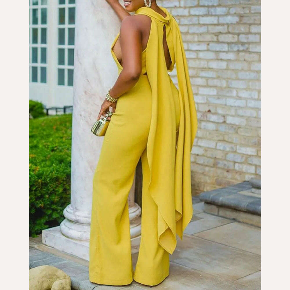 KIMLUD, Women Jumpsuits Sleeveless Summer One-piece Yellow Cut Out Long Backless Slim Fit Wide Leg Overalls Elegant Party Outfits 3XL, KIMLUD Womens Clothes