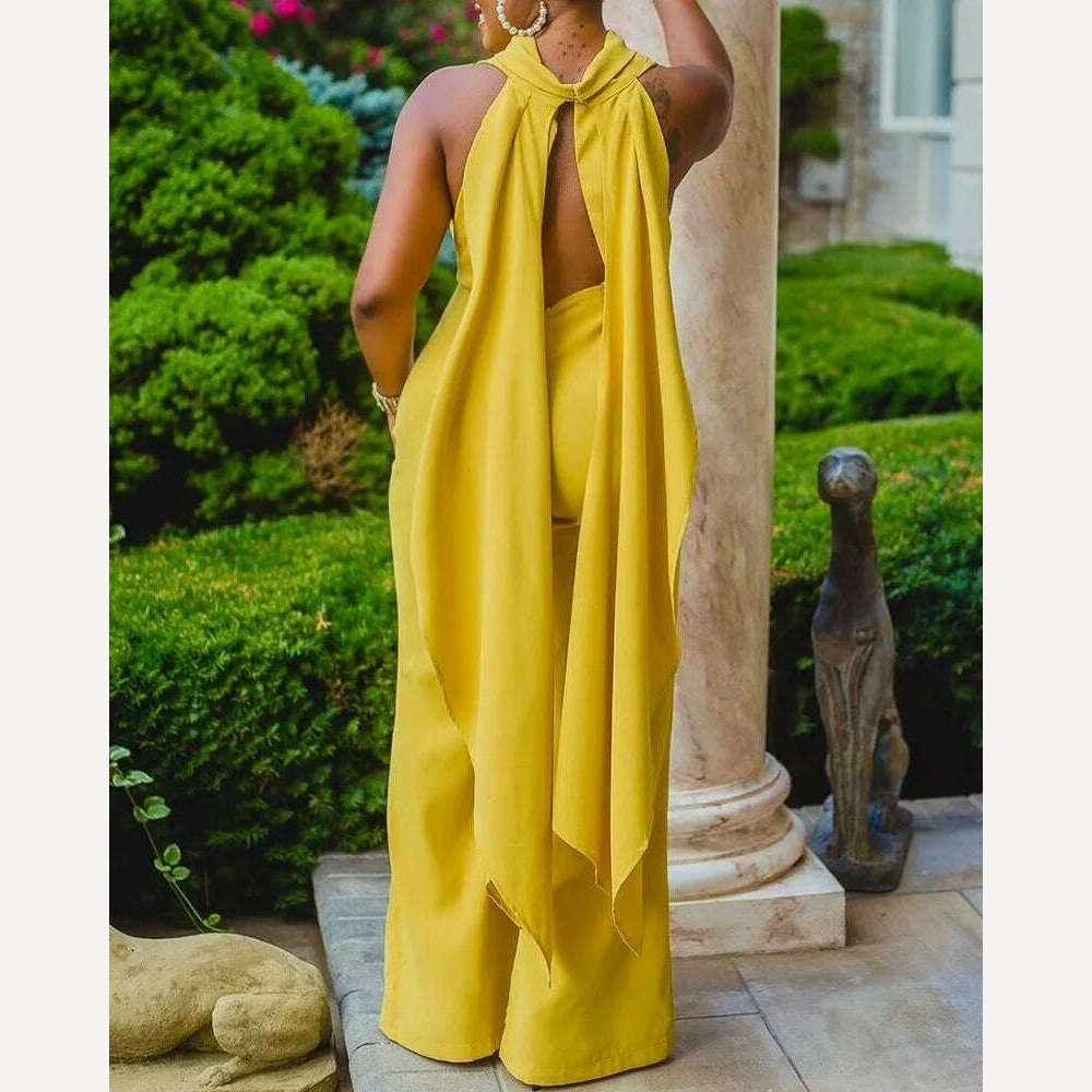 KIMLUD, Women Jumpsuits Sleeveless Summer One-piece Yellow Cut Out Long Backless Slim Fit Wide Leg Overalls Elegant Party Outfits 3XL, KIMLUD Womens Clothes