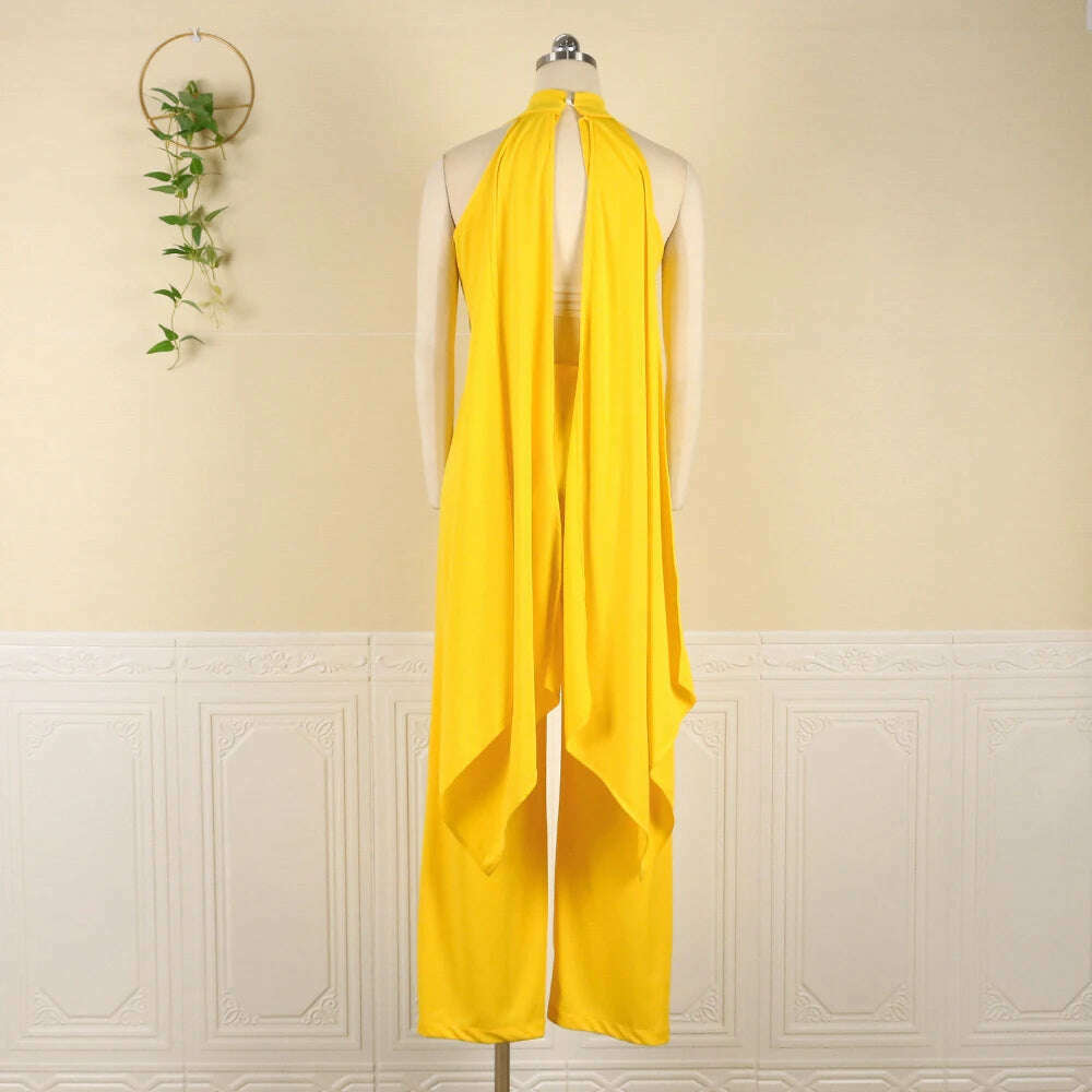 KIMLUD, Women Jumpsuits Sleeveless Summer One-piece Yellow Cut Out Long Backless Slim Fit Wide Leg Overalls Elegant Party Outfits 3XL, KIMLUD Womens Clothes
